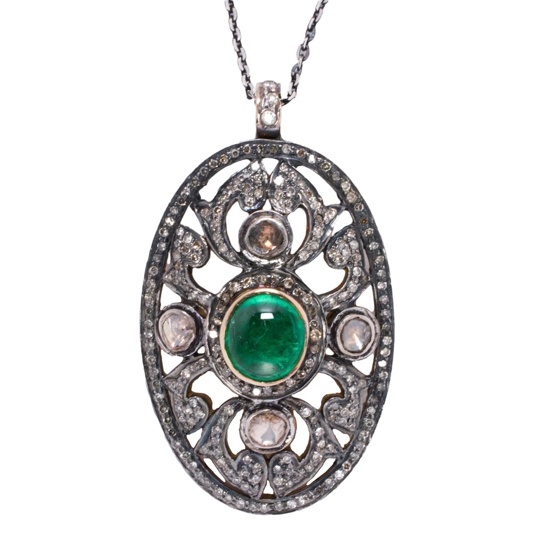 A emerald, diamond, and silver-topped 14k gold pendant (1 of 1)