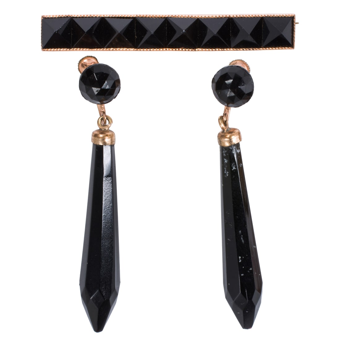 An onyx, gold-filled, and 14k gold pin and pair of ear-clips (1 of 1)