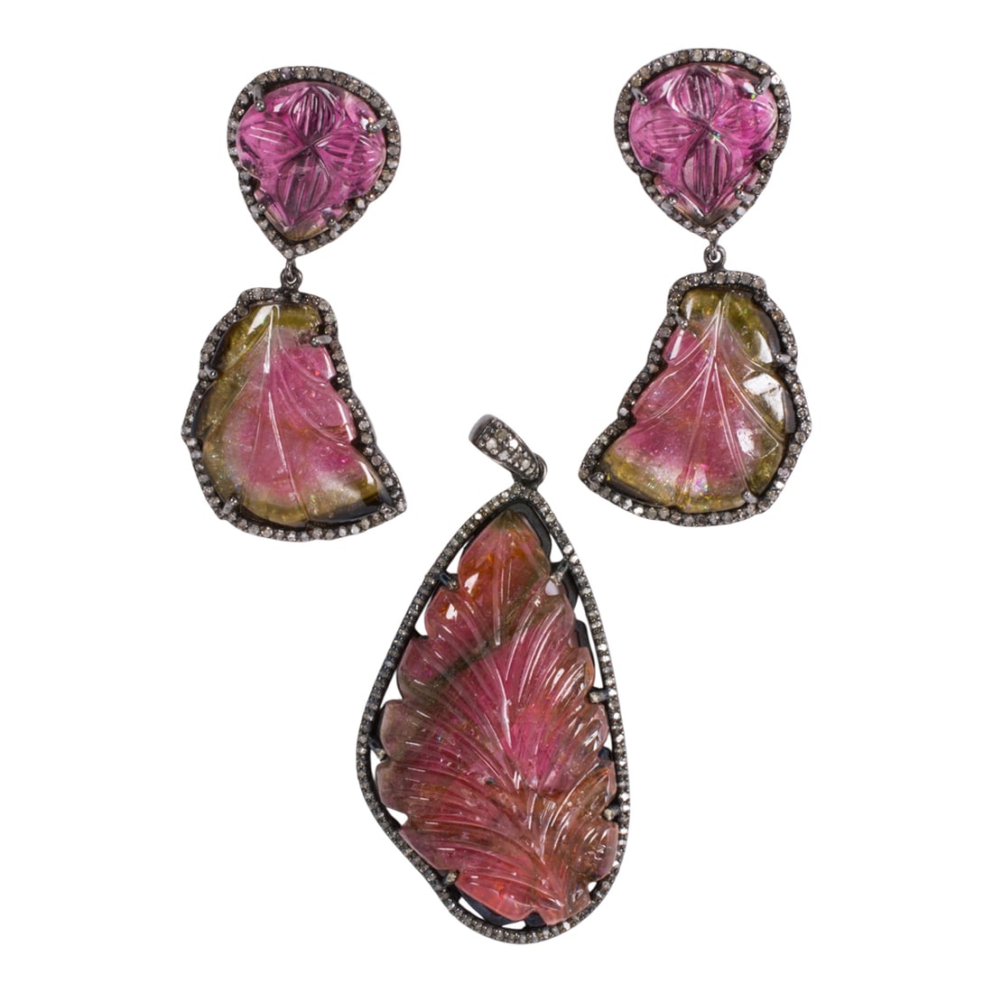 A tourmaline, diamond, blackened silver, and 14k gold pendant and earrings set (1 of 1)