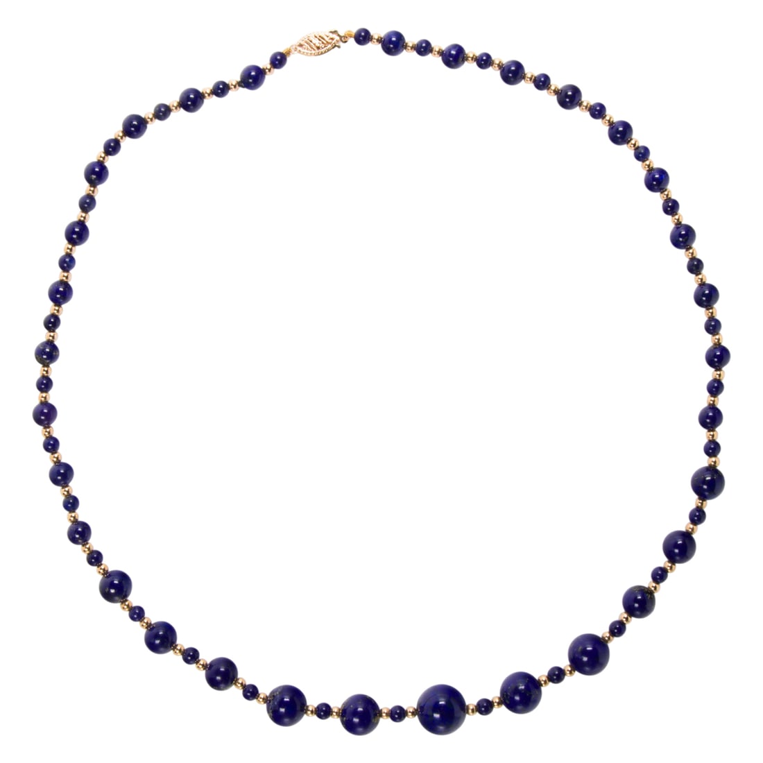 A lapis lazuli and 14k gold necklace: A lapis lazuli and 14k gold necklace Featuring graduated spherical lapis lazuli beads, interspersed by round-shaped 14k gold beads; length: 20 1/4 in; 24.20 grams