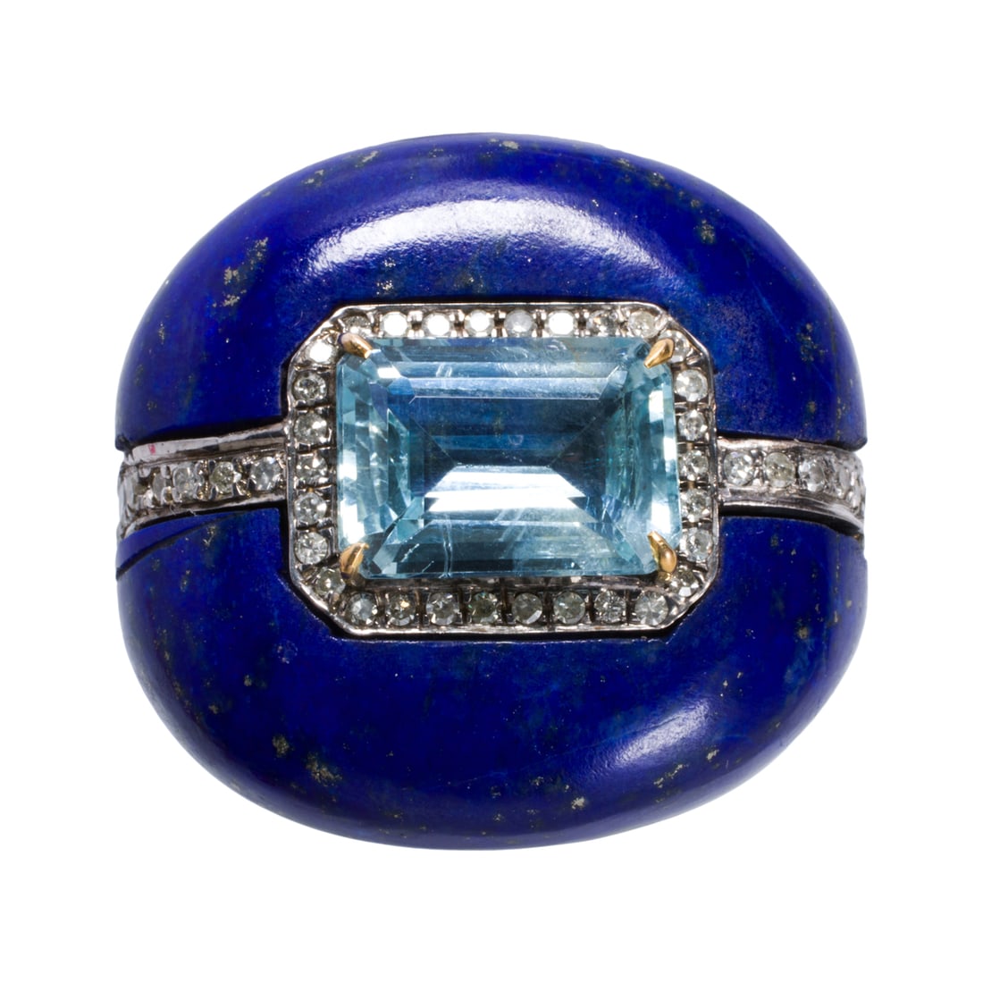 A lapis lazuli, aquamarine, diamond, silver, and 14k gold ring (1 of 2)