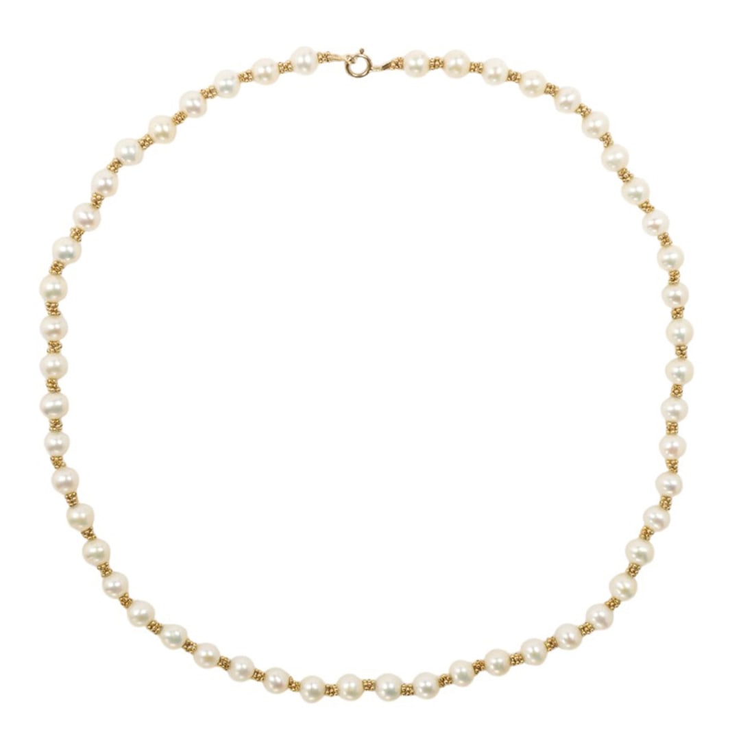 A cultured pearl and 14k gold necklace: A cultured pearl and 14k gold necklace Composed of cultured pearls measuring approximately 5.85 to 5.45 mm, interspersed by gold bead clusters; length: 16 3/4in; 16.60 grams