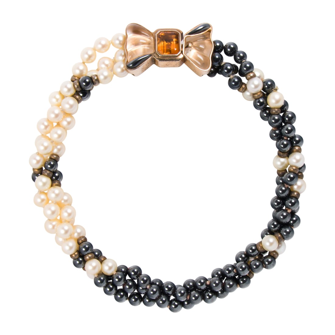 A cultured pearl, hematite, hardstone, and silver necklace: A cultured pearl, hematite, hardstone, and silver necklace Designed with round shaped hematite beads and cultured pearls, with hardstone-set, bow shaped clasped; length: 16 in