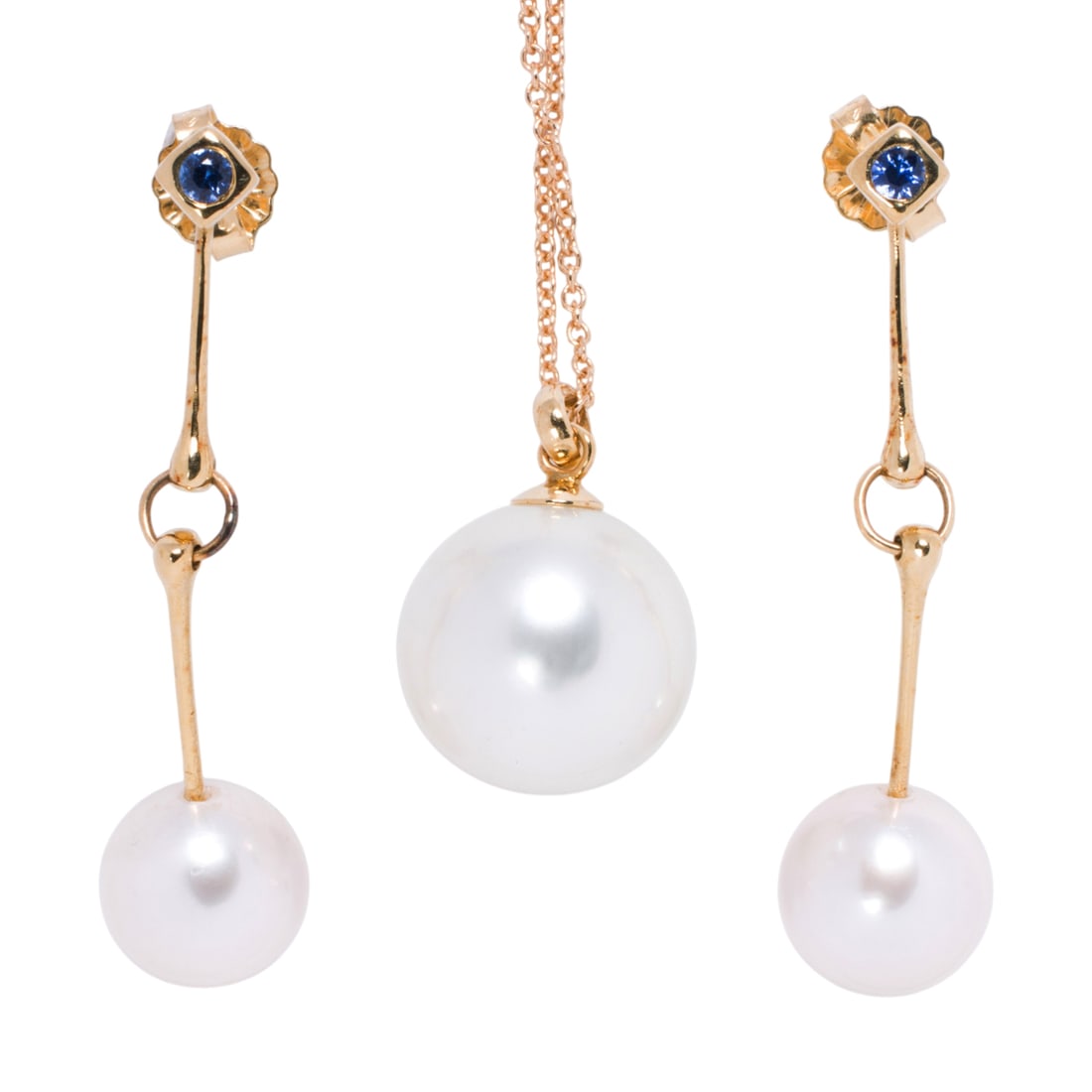 A cultured pearl, sapphire, and 14k necklace and earrings set: A cultured pearl, sapphire, and 14k necklace and earrings set The necklace featuring a cultured pearl measuring 12.72 mm, together with a pair of drop earrings featuring cultured pearls measuring