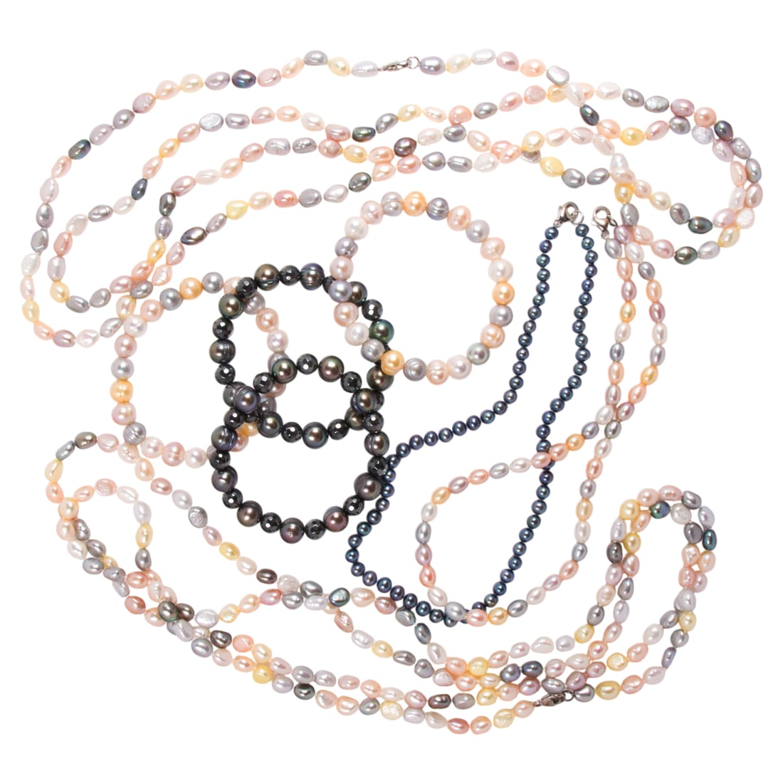 A group of cultured pearl jewelry: A group of cultured pearl jewelry The necklaces and bracelets of varying styles and designs; gross weight: 306.40 grams