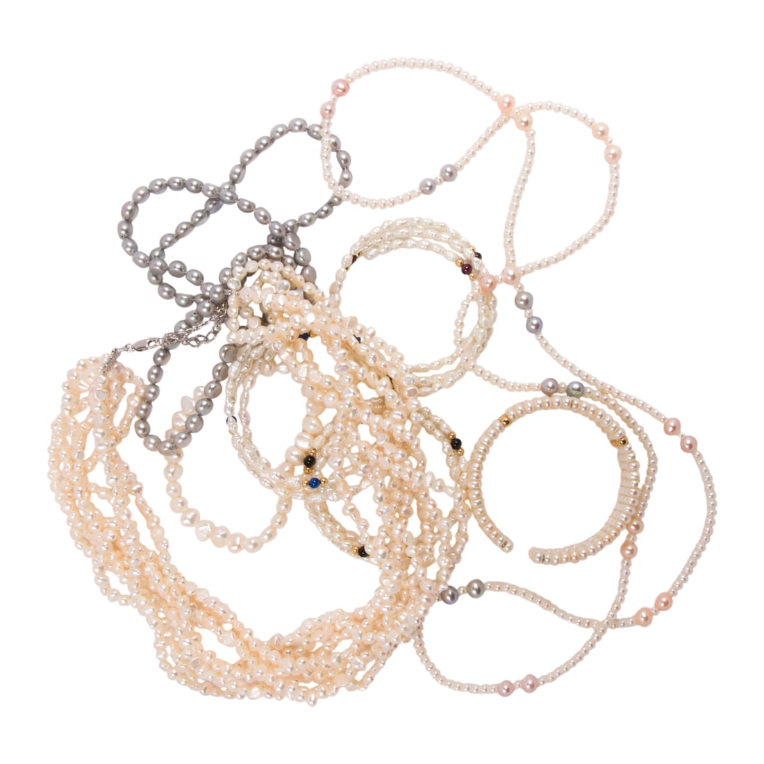 A group of cultured pearl jewelry: A group of cultured pearl jewelry The necklaces and bracelets of varying styles and designs; gross weight: 194.35 grams