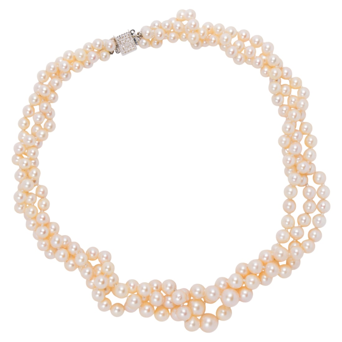 A cultured pearl and silver necklace: A cultured pearl and silver necklace Designed as a triple strand of graduated cultured pearls measuring from 5.00 to 8.60 mm; 65.50 grams; length: 17 1/2 in