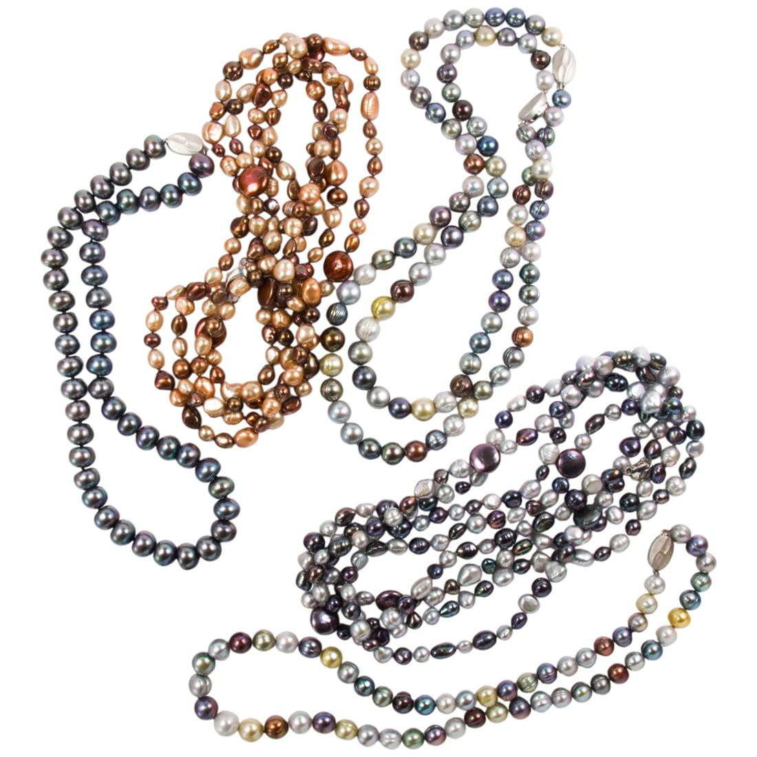 A group of cultured pearl necklaces: A group of cultured pearl necklaces Comprising five cultured pearl necklaces of varied shape and color, each joined by base metal clasp; 437.00 gross grams