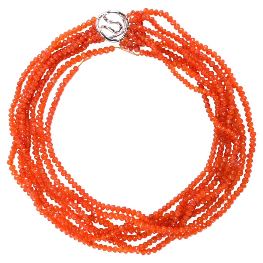A fire opal beaded necklace: A fire opal beaded necklace Featuring five strands of faceted fire opal beads; gross weight: 95.70 grams Condition note: some strands broken