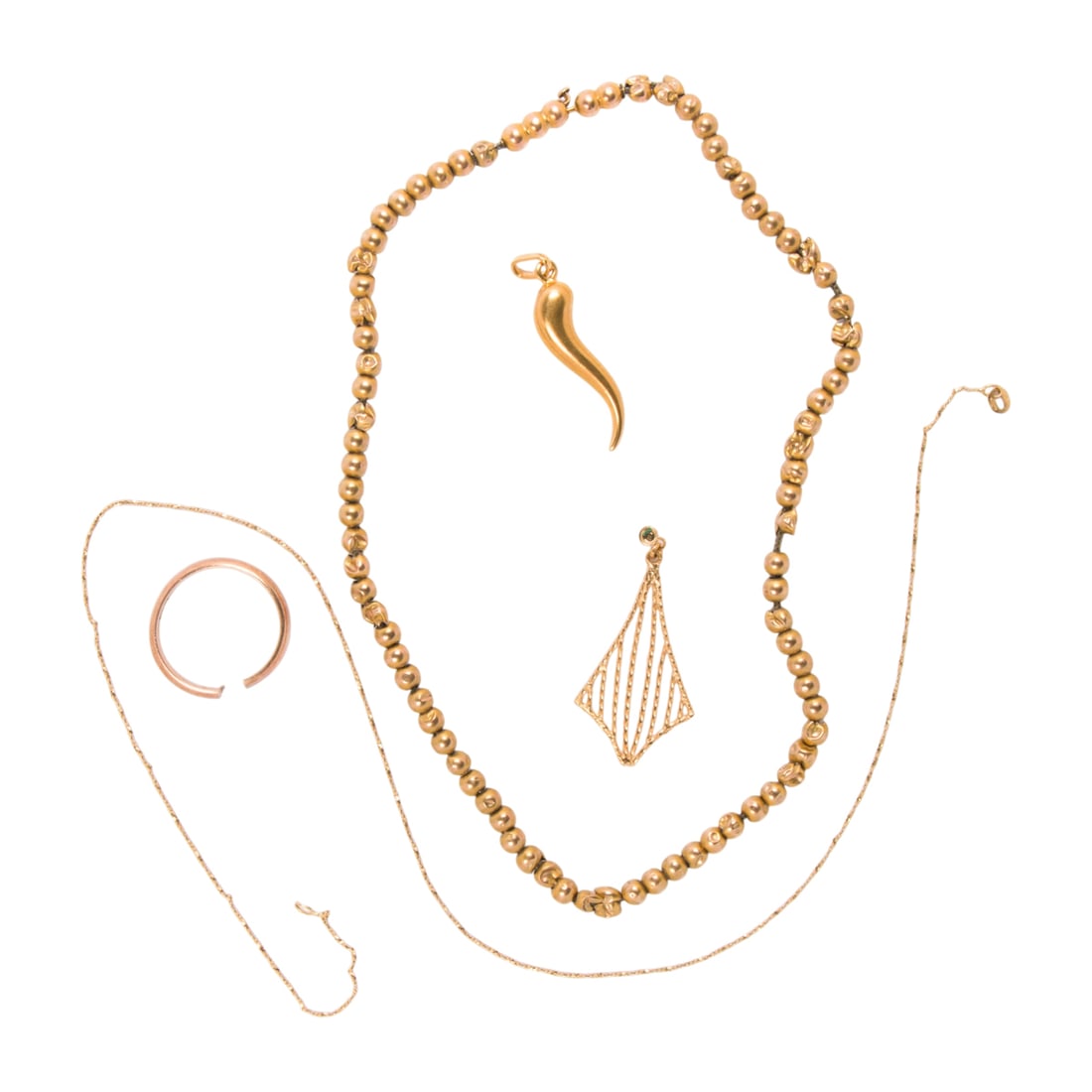 A miscellaneous group of gold pieces: A miscellaneous group of gold pieces The pieces including 14k and 18k gold; gross weight: 16.35 grams