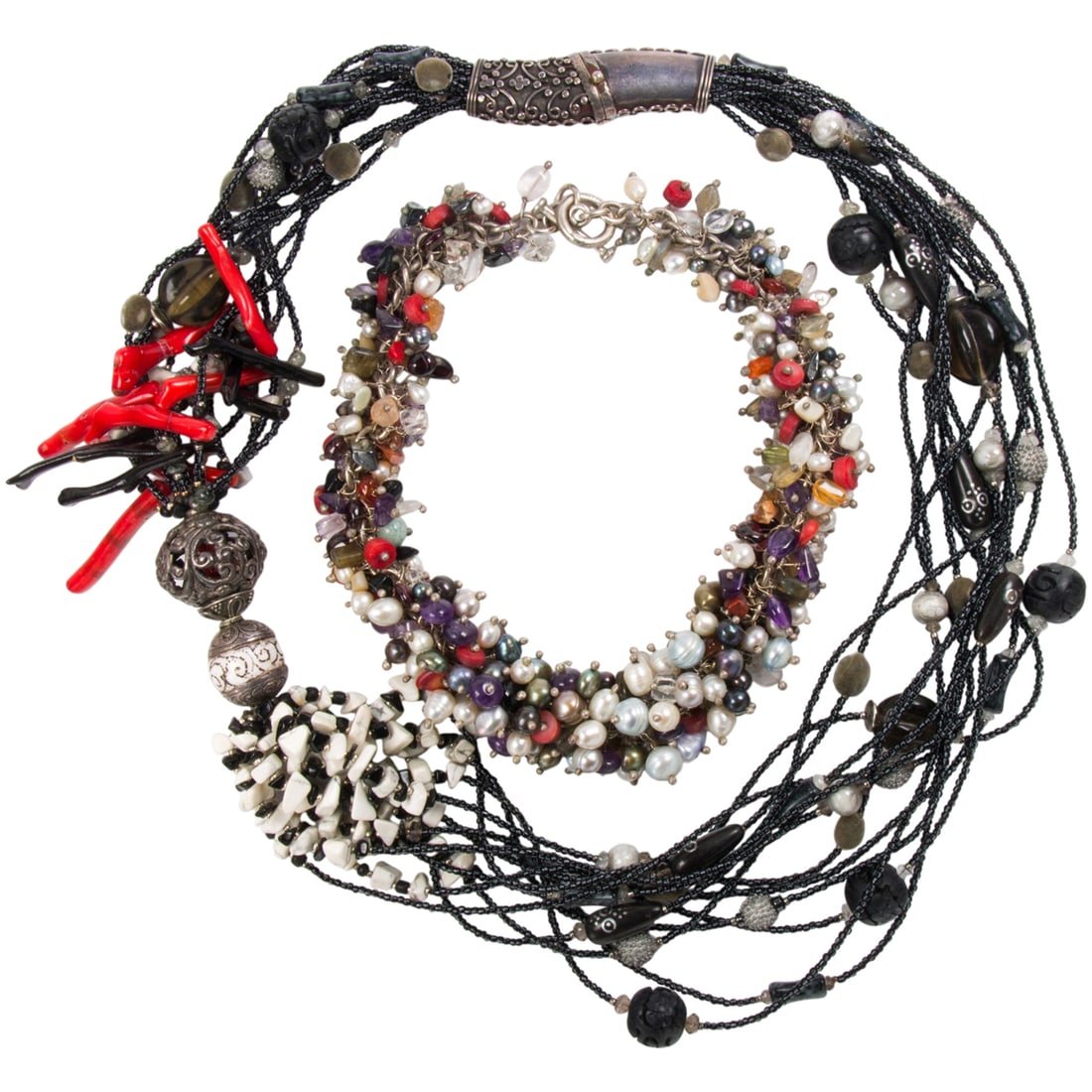 Two gemstone and silver necklaces: Two gemstone and silver necklaces featuring cultured pearl, coral, wood, granite and enamel; lengths: 16 and 24 in