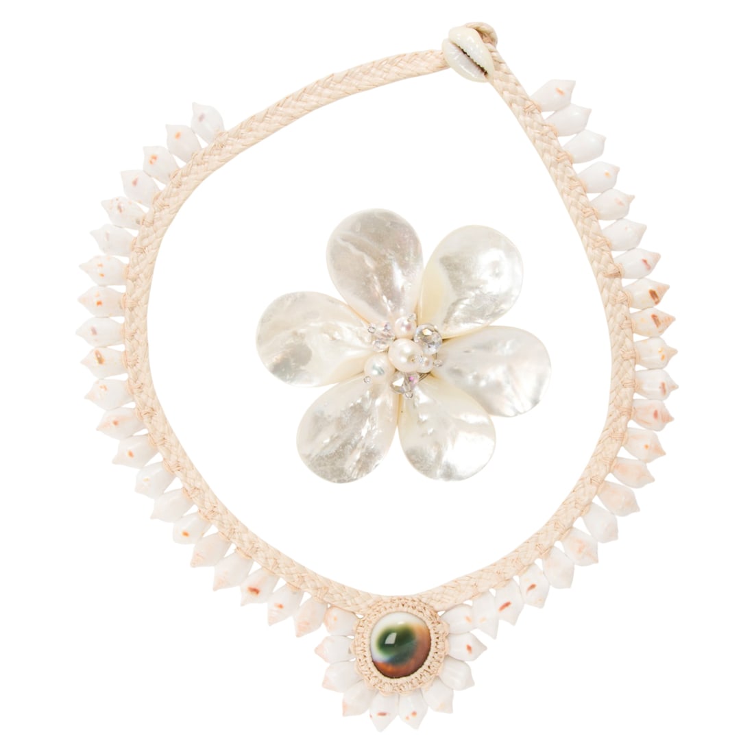 A shell necklace and mother of pearl brooch: A shell necklace and mother of pearl brooch comprising a sea-shell necklace and mother of pearl flower brooch; necklace length: 17 in; brooch length 3 in; 76.00 gross grams