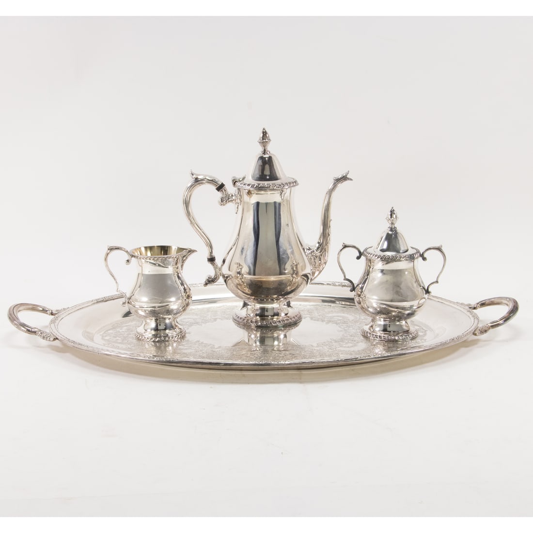 A plated three piece coffee set with associated tray (1 of 1)