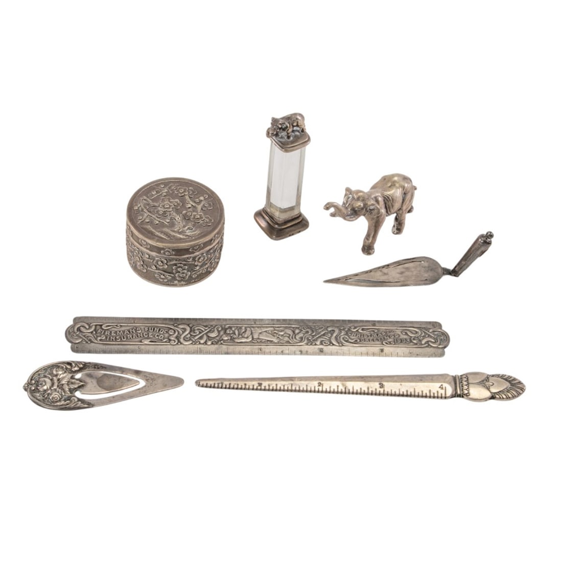 A lot of misc silver desk items: A lot of misc silver desk items, comprising: an advertising desk rule by Shreve & Co for Fireman's Fund Insurance Co., Christmas 1903; combination letter opener and ruler, Frank M. Whiting, Princess I
