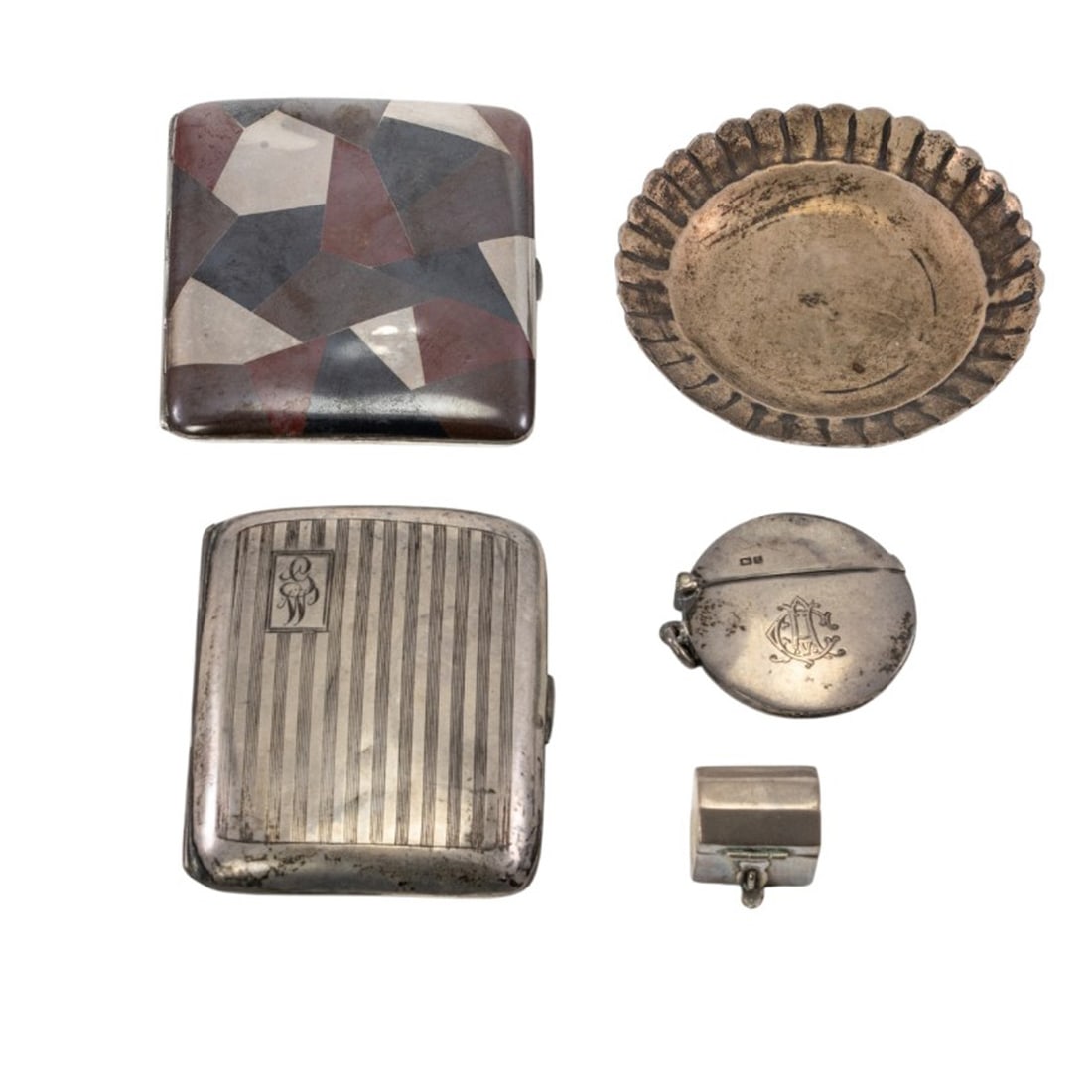 A lot of misc silver items: A lot of misc. silver items, comprising: vesta case, WN, Chester, 1905, monogrammed; Mexican small chest; Mexican sterling small dish, D. 3 1/4 in; a sterling monogrammed cigarette case, MH; (3.95 oz