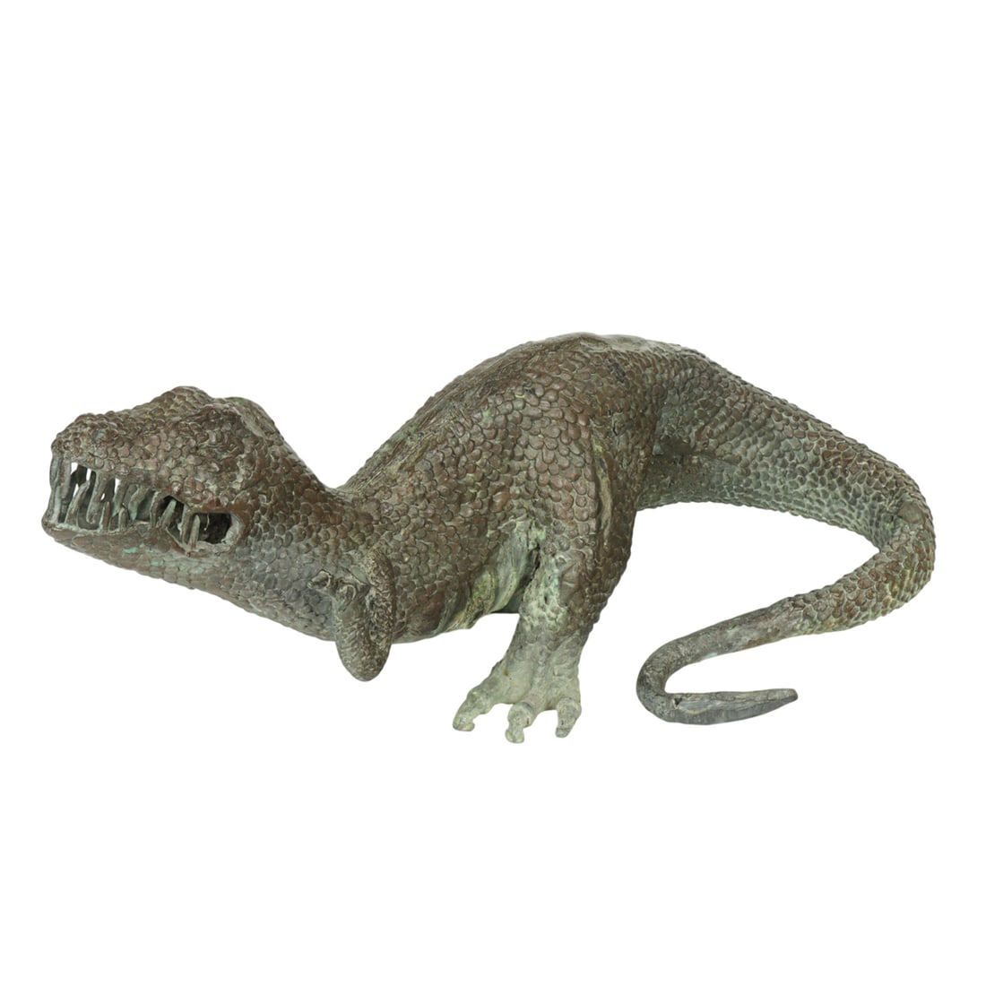 A patinated bronze figure of a Tyrannosaurus Rex: A patinated bronze figure of a Tyrannosaurus Rex, unmarked, 7"h x 17"l