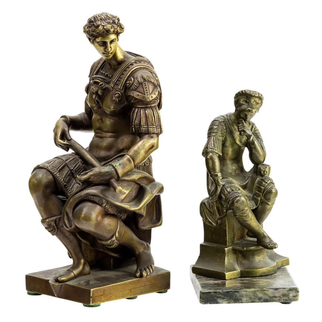 Two Grand Tour style patinated bronze figures after Michelangelo: Two Grand Tour style patinated bronze figures after Michelangelo, depicting Giuliano de' Medici, 8.5"h x 3"w x 3.5"d and Lorenzo de' Medici on marble plinth, 6"h x 3"w x 4"d