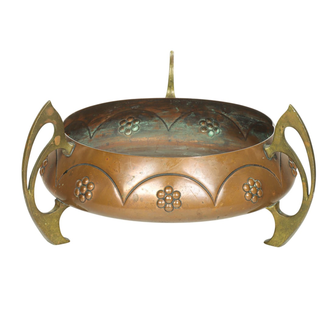 A German Jungstil copper and brass three-handled bowl: A German Jungstil copper and brass three-handled bowl, WMF, impressed ostrick in diamond, 4.75"h x 10"w