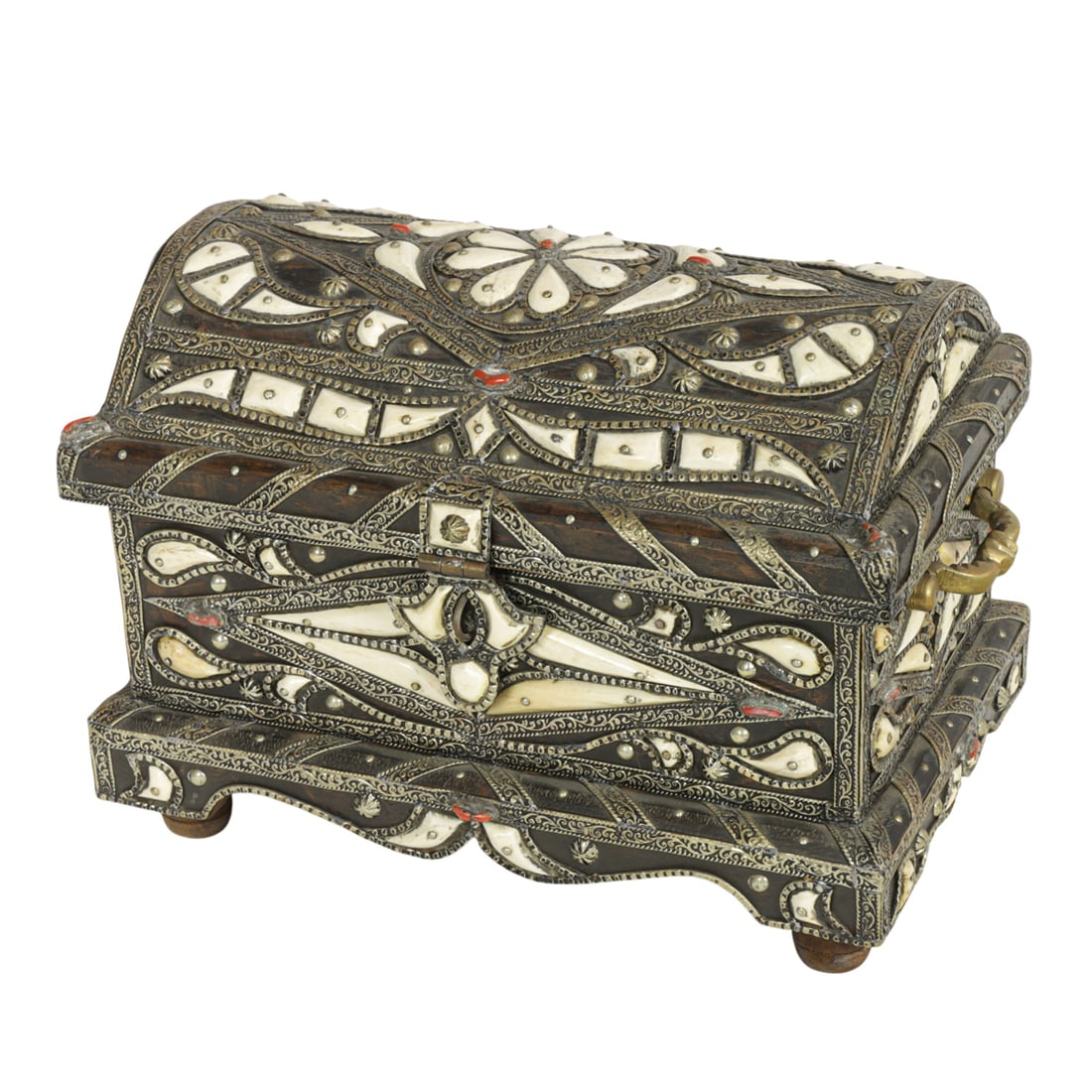 A Morroccan metal, hardstone and bone mounted table chest
