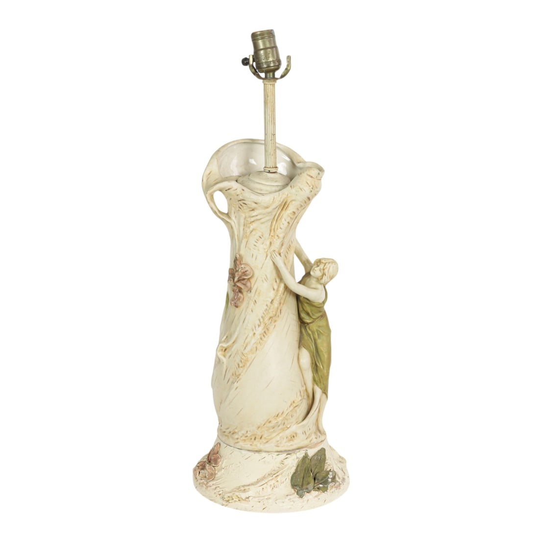 An Art Nouveau porcelain figural vase now mounted as a table lamp: An Art Nouveau porcelain figural vase now mounted as a table lamp, attributed to Royal Dux, late 19th/early 20th century, mark likely obscured by mounts, 19"h (top of vase)f