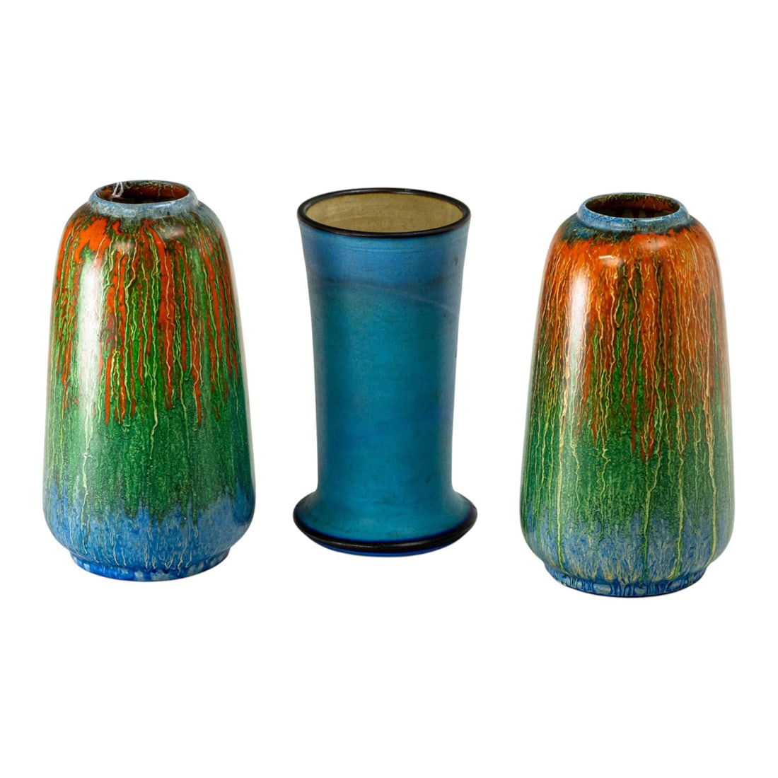 A pair of British Roskyl Pottery vases: A pair of British Roskyl Pottery vases, printed, painted and impressed marks, together with a contemporary turquoise glazed porcelain vase, greatest 7.75" [3 total]