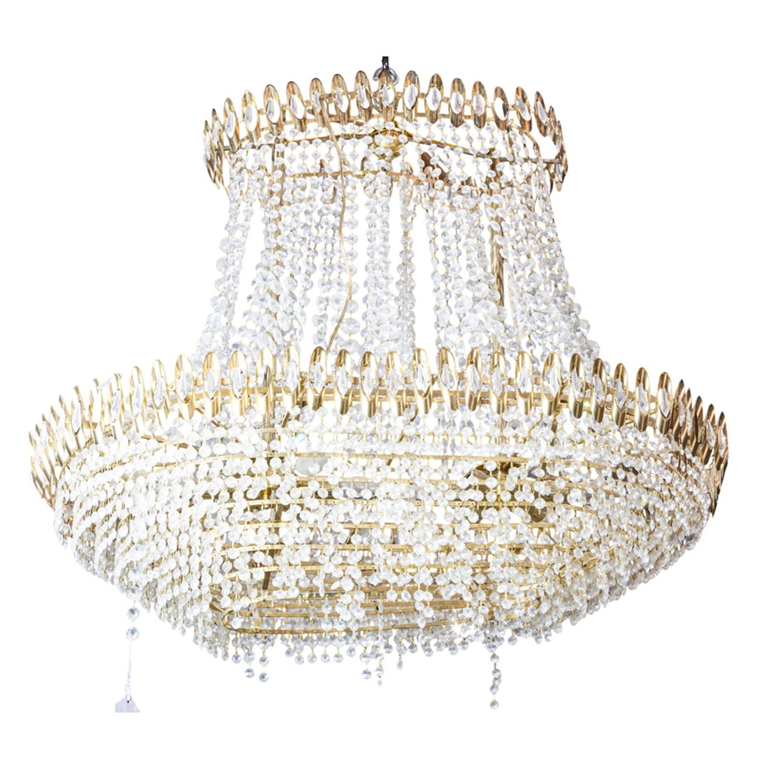 A large vintage Italian cut glass oval chandelier: A large vintage Italian cut glass oval chandelier, featuring a cascading waterfall of cut glass beads suspended from an oval frame, the interior fitted with twelve lights, 34"h x 36"w