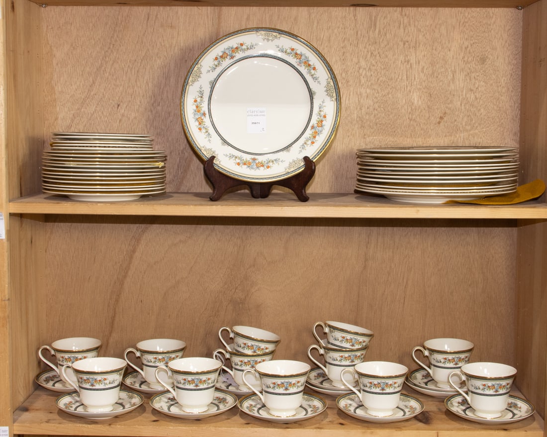 A Minton porcelain dinner service in the Stanwood pattern: A Minton porcelain dinner service in the Stanwood pattern, comprising (12) dinner plates, 10.5"dia; (12) luncheon plates; (5) dessert plates, 6.5"dia;; (12) cups and (12) saucers, [53 total]