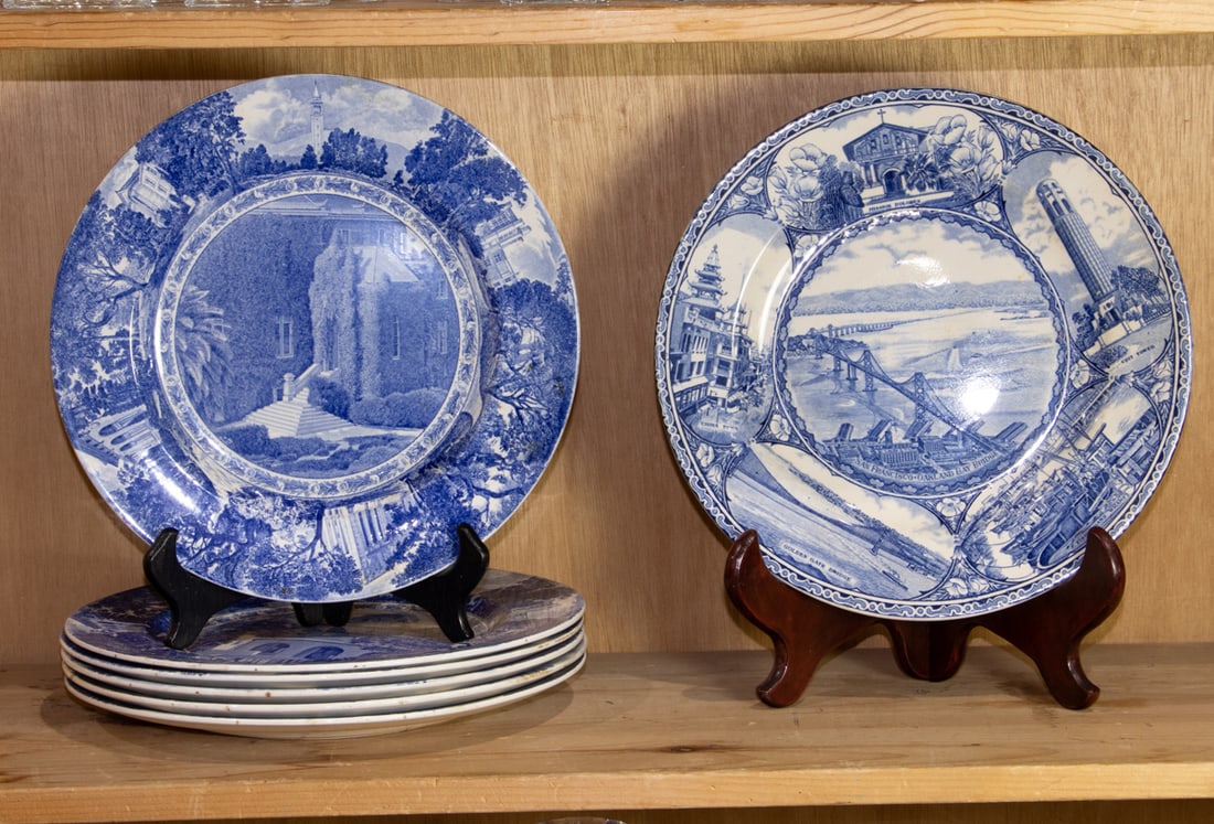 A set of six Wedgwood for UC Berkeley pottery commemorative plates: A set of six Wedgwood for UC Berkeley pottery commemorative plates, 19.5"dia, together with an Adams souvenir plate for San Francisco, 10.5"dia