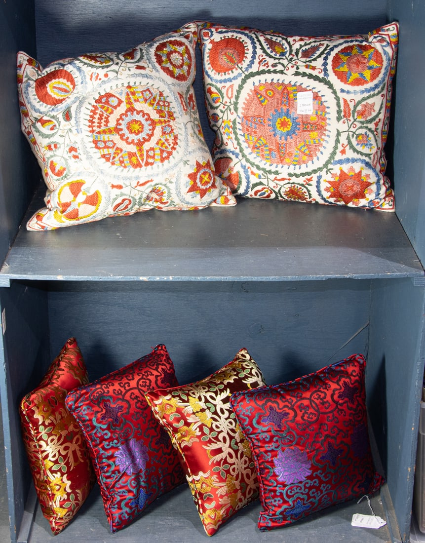 An assembled group of six accent pillows: An assembled group of six accent pillows, all with removable cases, between 13"sq and 17"sq