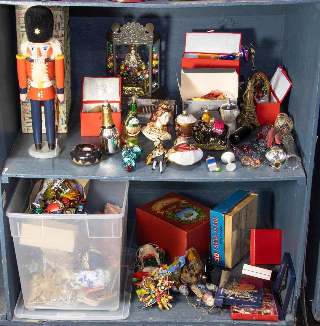 An assembled group of Christmas holiday ornaments and trinkets: An assembled group of Christmas holiday ornaments and trinkets, comprising of visual objects from East and South Asian cultures including Japanese and Indian, European and North American cultures incl