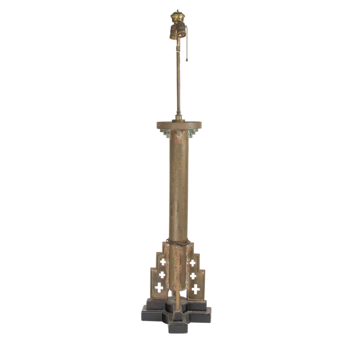 A tall brass lamp in the Art Deco taste