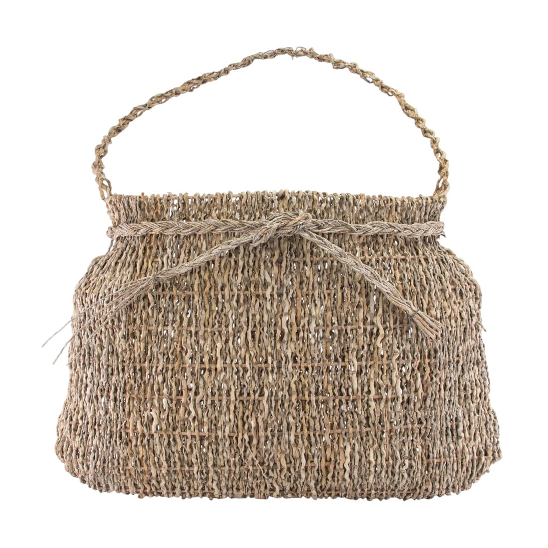 A contemporary handmade basket: A contemporary handmade basket, the natural fiber woven in narrow bag shape and tied with a ribbon, 23" x 22" x 7"