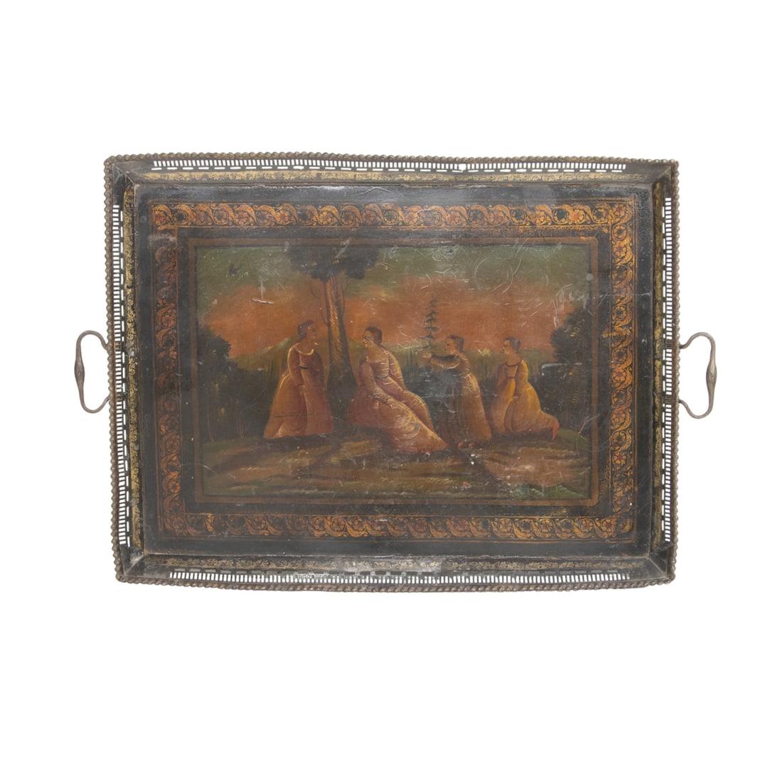 An English Regency painted tole galleried tray: An English Regency painted tole galleried tray, 27.5"l (between handles)