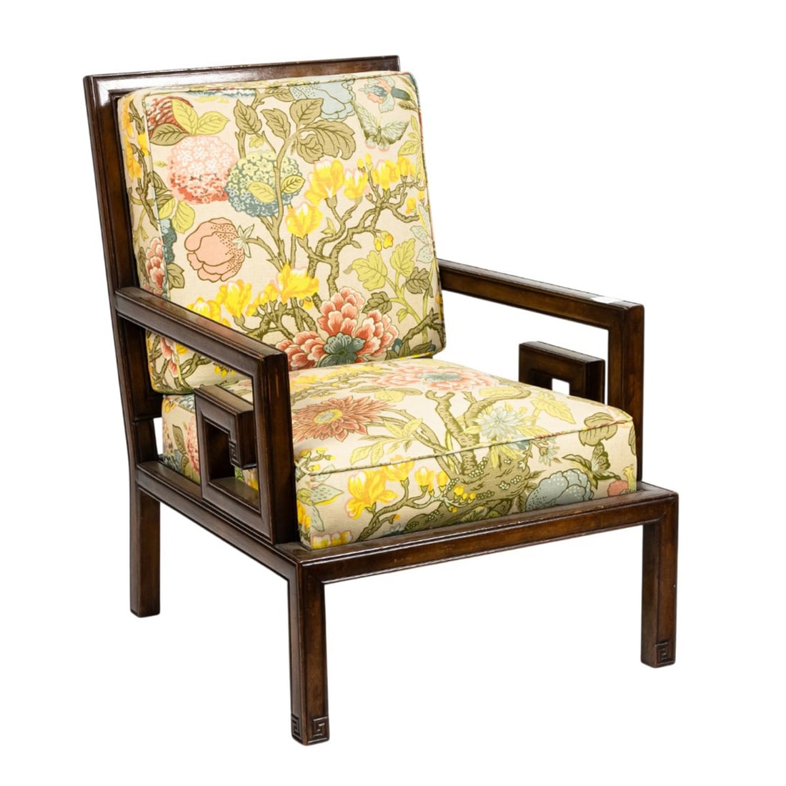 A Chinese style armchair with floral upholstery: A Chinese style armchair with floral upholstery, 35"h x 26"w x 31"d (overall); 17"h x 21"d (seat)