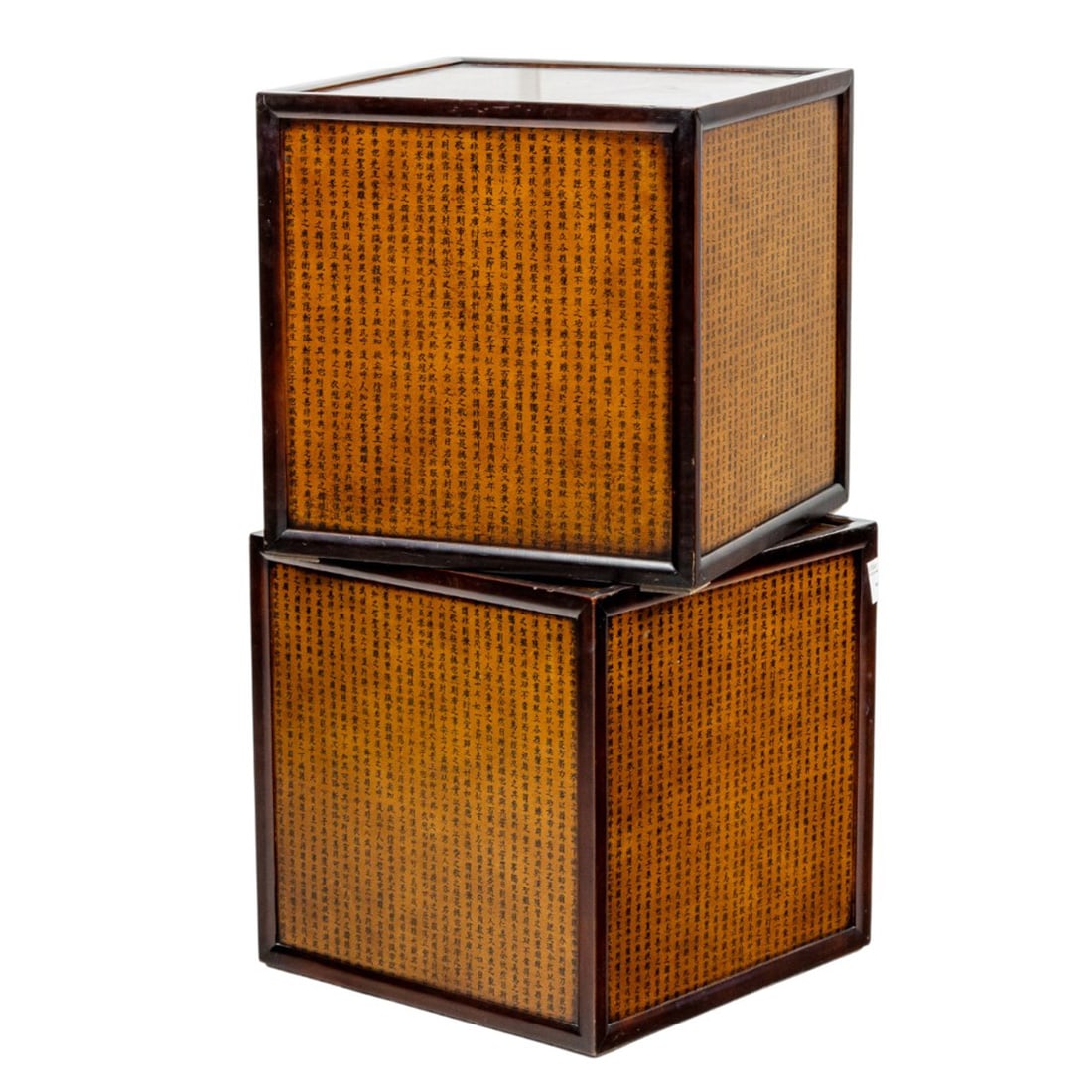 A pair of contemporary side tables with Chinese calligraphy: A pair of contemporary side tables with Chinese calligraphy, 18"h x 18"sq