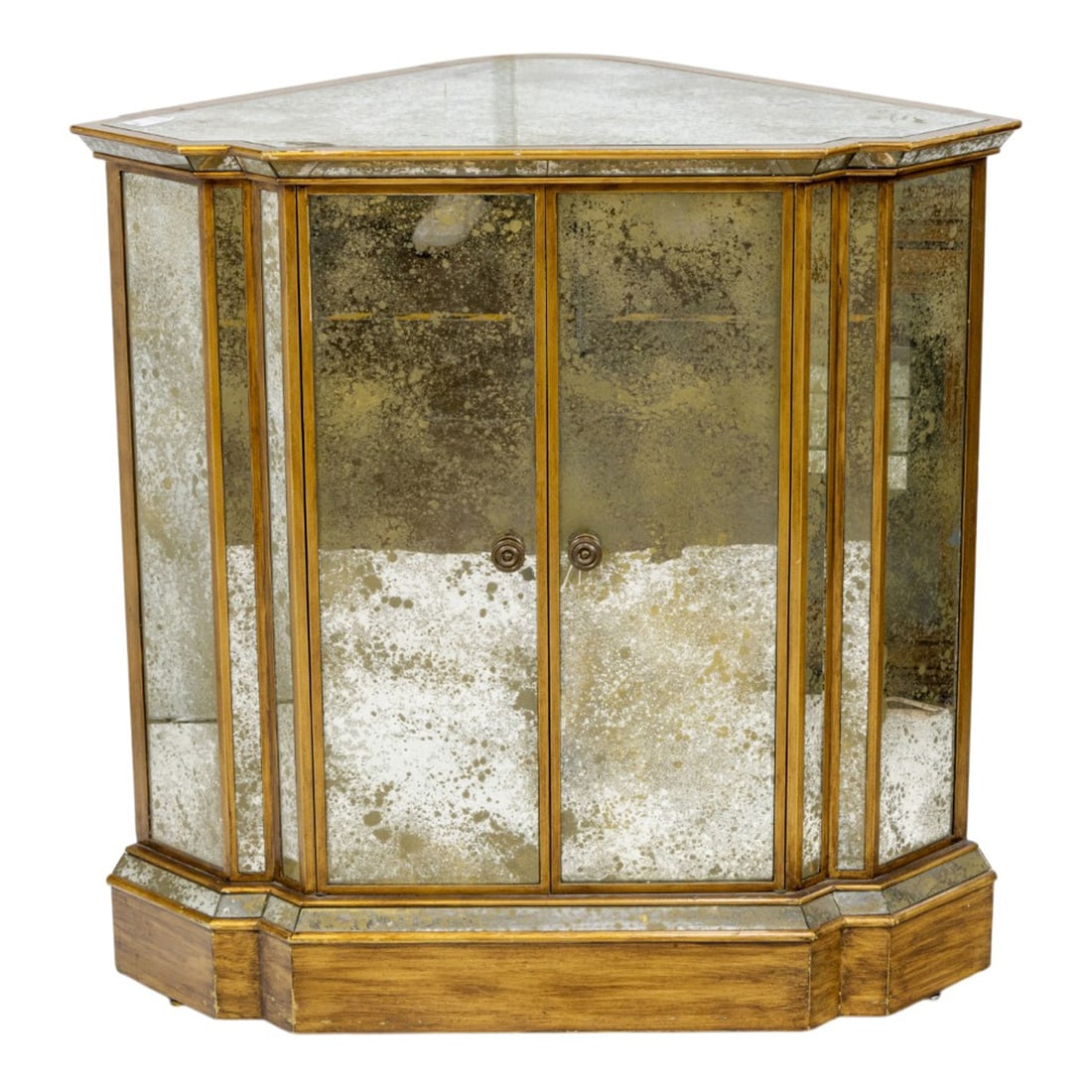 A Mid-Century parcel gilt and mirrored corner cabinet: A Mid-Century parcel gilt and mirrored corner cabinet, 36"h x 36.5"w x 22.5"d