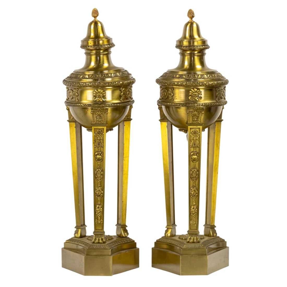 A large pair of Empire style brass anthenienne urns: A large pair of Empire style brass anthenienne urns, late 20th century, previously mounted as lamps, 28.5"h x 6"sq
