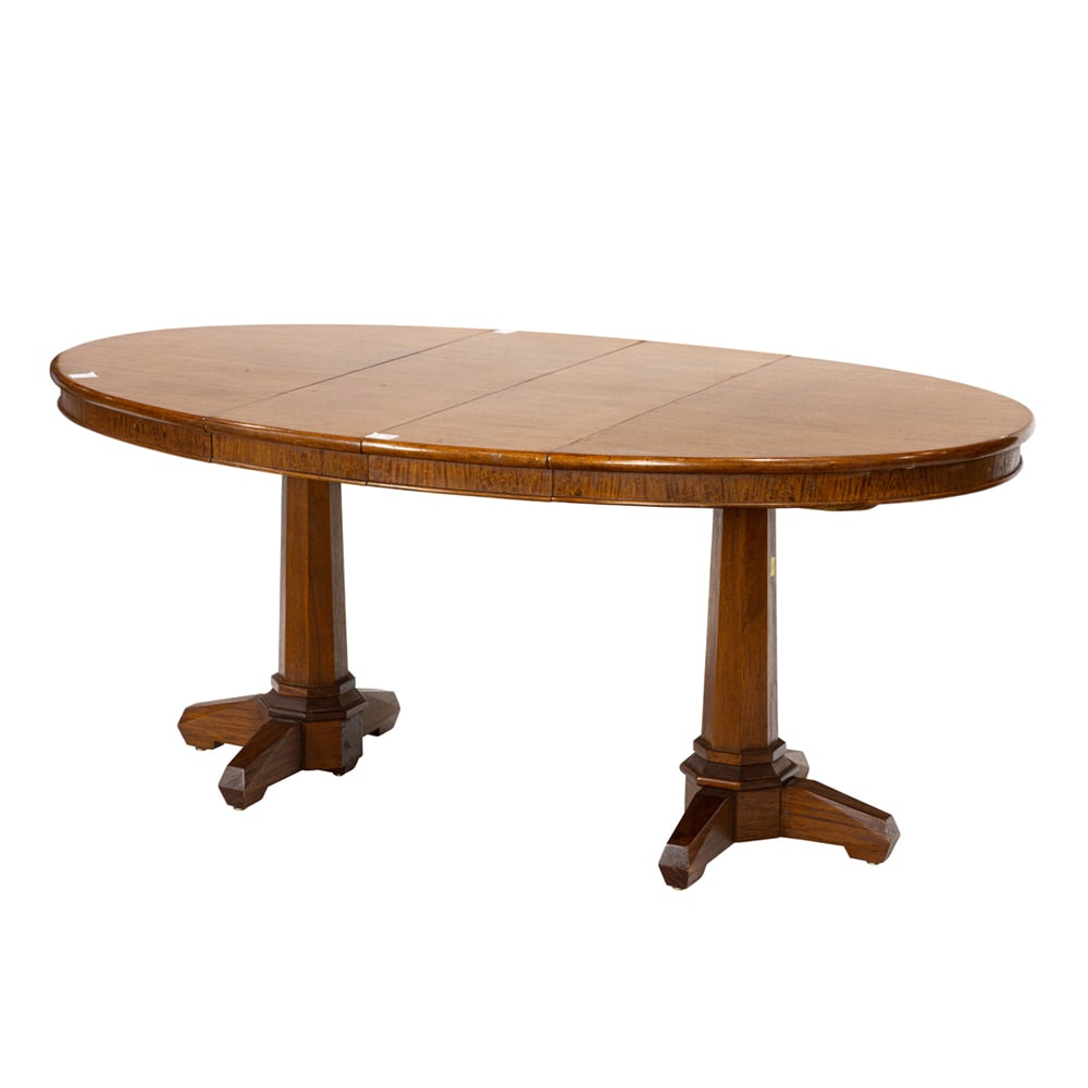 A custom made Danish Modern style quilted narra mahogany double pedestal dining table (1 of 1)
