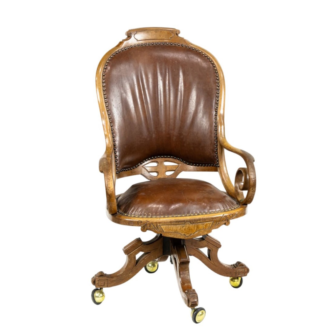 A Heywood Bros bentwood reclining swivel desk chair