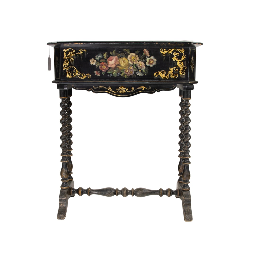 A Victorian floral decorated jardiniere on barley twist stand fitted with tole liner