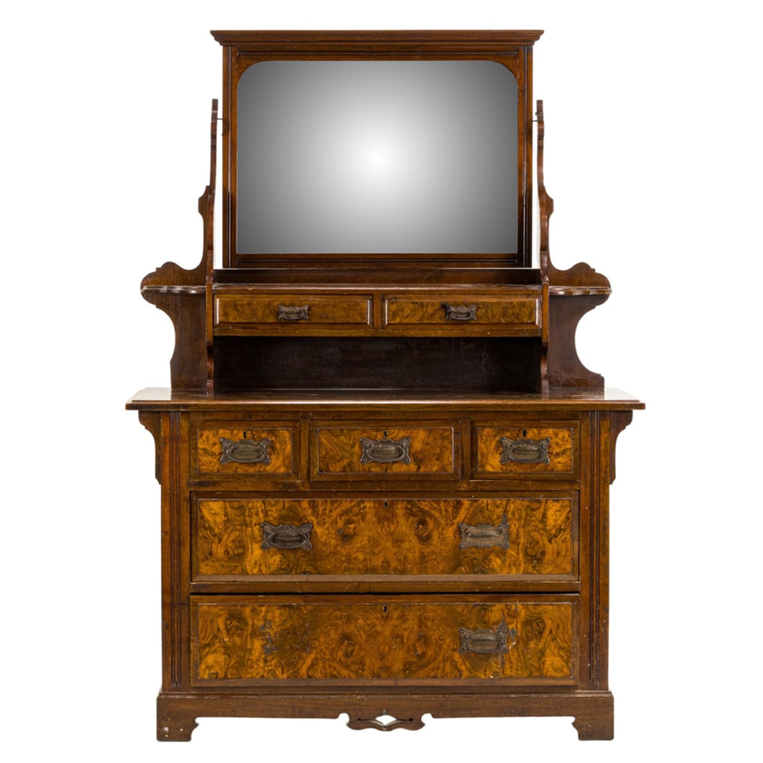 An English Victorian dresser with vanity: An English Victorian dresser with vanity, with a mirrored back and five graduated drawers, each with burl fronts, 64"h x 45"w x 21"d
