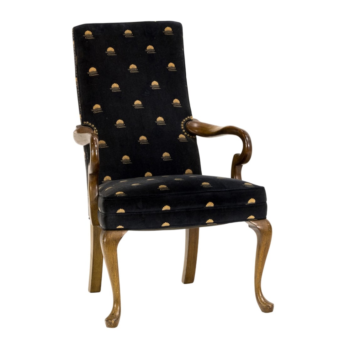 An English walnut lolling chair: An English walnut lolling chair, 19th century, with a high back covered in velvet upholstery, 42"h x 24"w x 21.5"d (overall); 19"h x 19"d (seat)