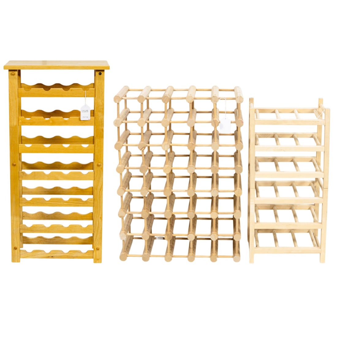 Three contemporary wine racks: Three contemporary wine racks, 37"h x 18.5"w x 10.5"d; 29"h x 21.5"w x 11"d; 27"h x 13"w x 11.5"d