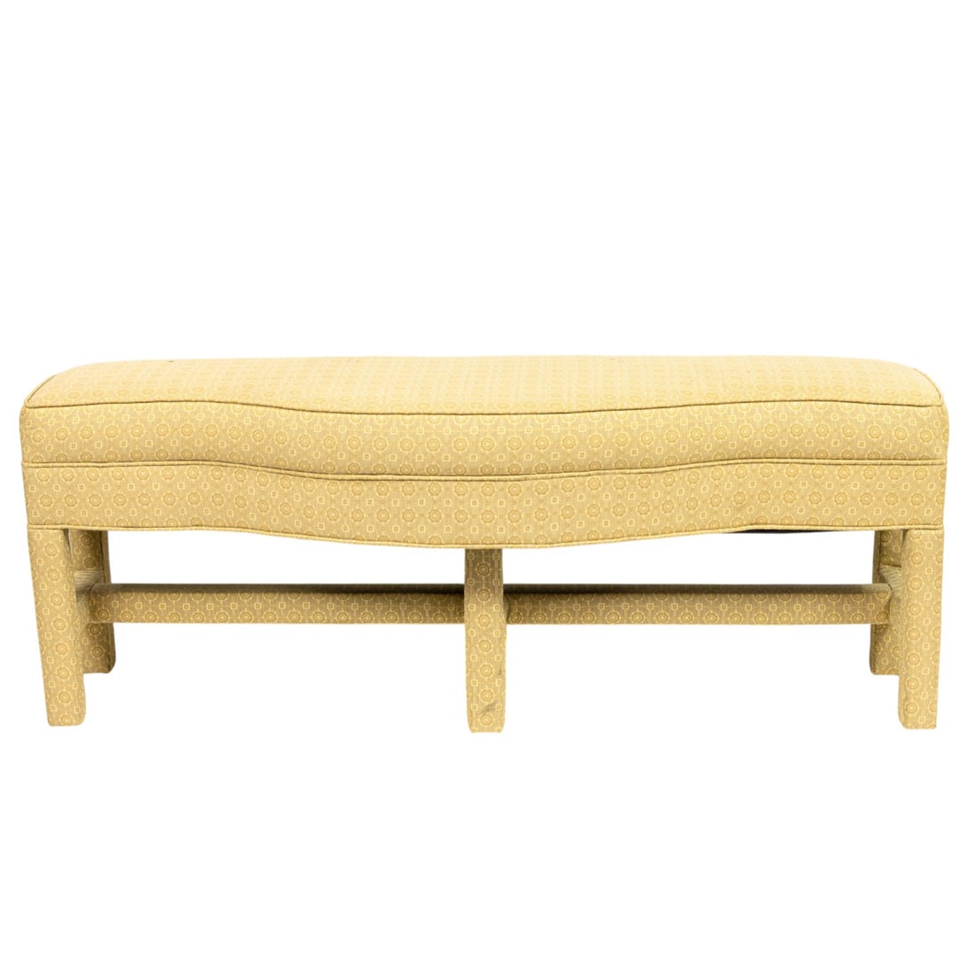 A contemporary jacquard upholstered bench: A contemporary jacquard upholstered bench, featuring serpentine front and upholstered legs, 23"h x 61"w x 19"d