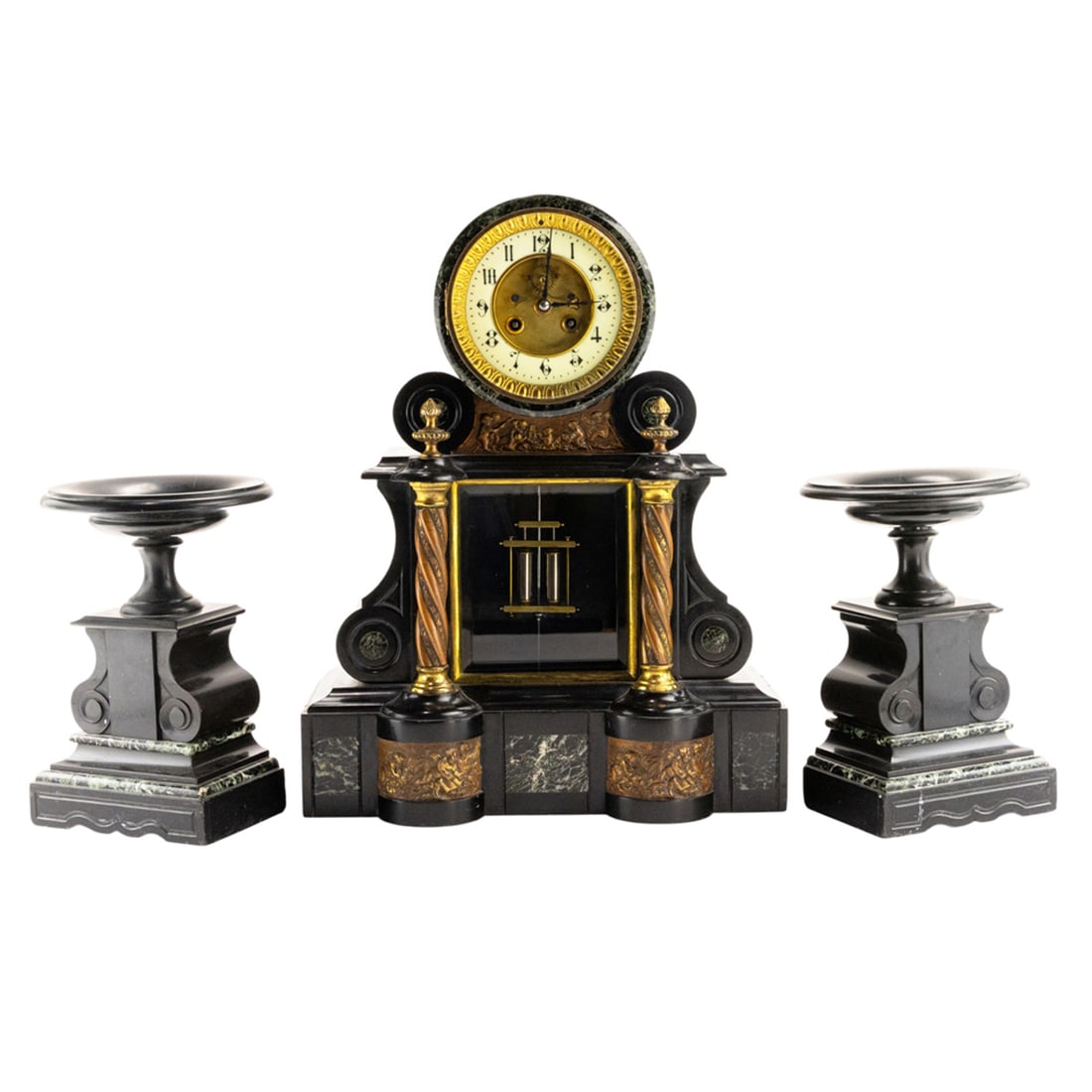 A Napoleon III bronze mounted and marble inlaid black slate marble clock garniture (1 of 4)