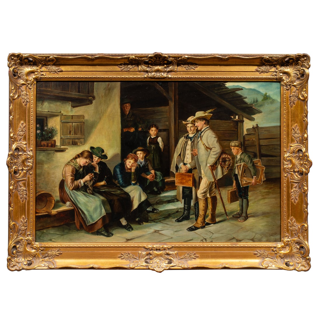 Painting, E. Dancig after Franz Defregger: E. Dancig After Franz Defregger (Austrian, 1835-1921), "Die Erste Studienreise" (The First Study Trip), oil on canvas, signed lower right, overall (with frame): 31"h x 43"w