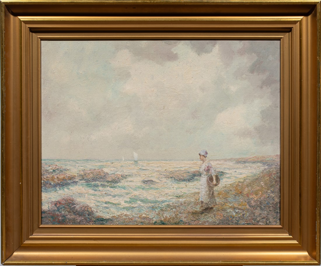 Painting, American School (20th century): American School (20th century), Woman by the Seaside, oil on canvas, signed indistinctly lower left, overall (with frame): 29"h x 35"w