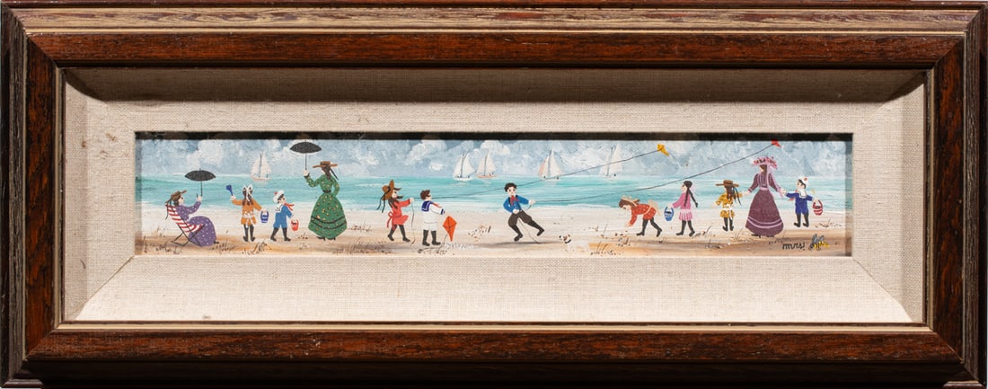 Painting, Mrs. B (Mary Ann Rugh Baker): Mrs. B (Mary Ann Rugh Baker) (American, 20th century), "Children at the Beach," oil on canvas affixed to board, signed lower right, artist studio label affixed verso, overall (with frame): 8"h x 20"w