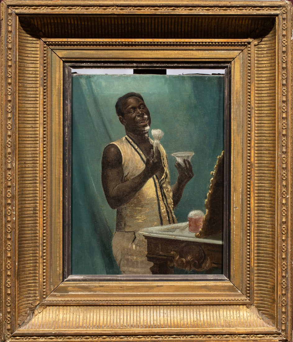 Embellished Print, American School (19th/20th century): American School (19th/20th century), Man Shaving, embellished print, overall (with frame): 19.5"h x 16.5"w