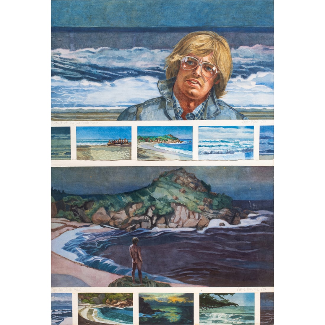 Work on Paper, Arne Nybak: Arne Nybak (American, 1910-1999), "Portrait at San Jose Creek Beach; San Jose Creek Beach," 1976, watercolors framed together, each signed and dated lower right and titled lower left, sheets: 47"h x 3